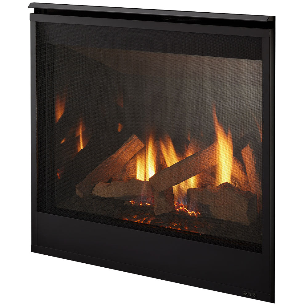 Black mesh screen direct vent gas fireplace front with visible flames and logs