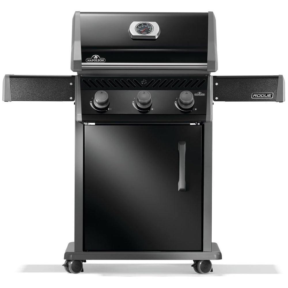 Napoleon Rogue 425 gas grill on cart in black, with 3 burner knobs and side shelves