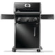 Napoleon Rogue 425 gas grill on cart in black, with 3 burner knobs and side shelves