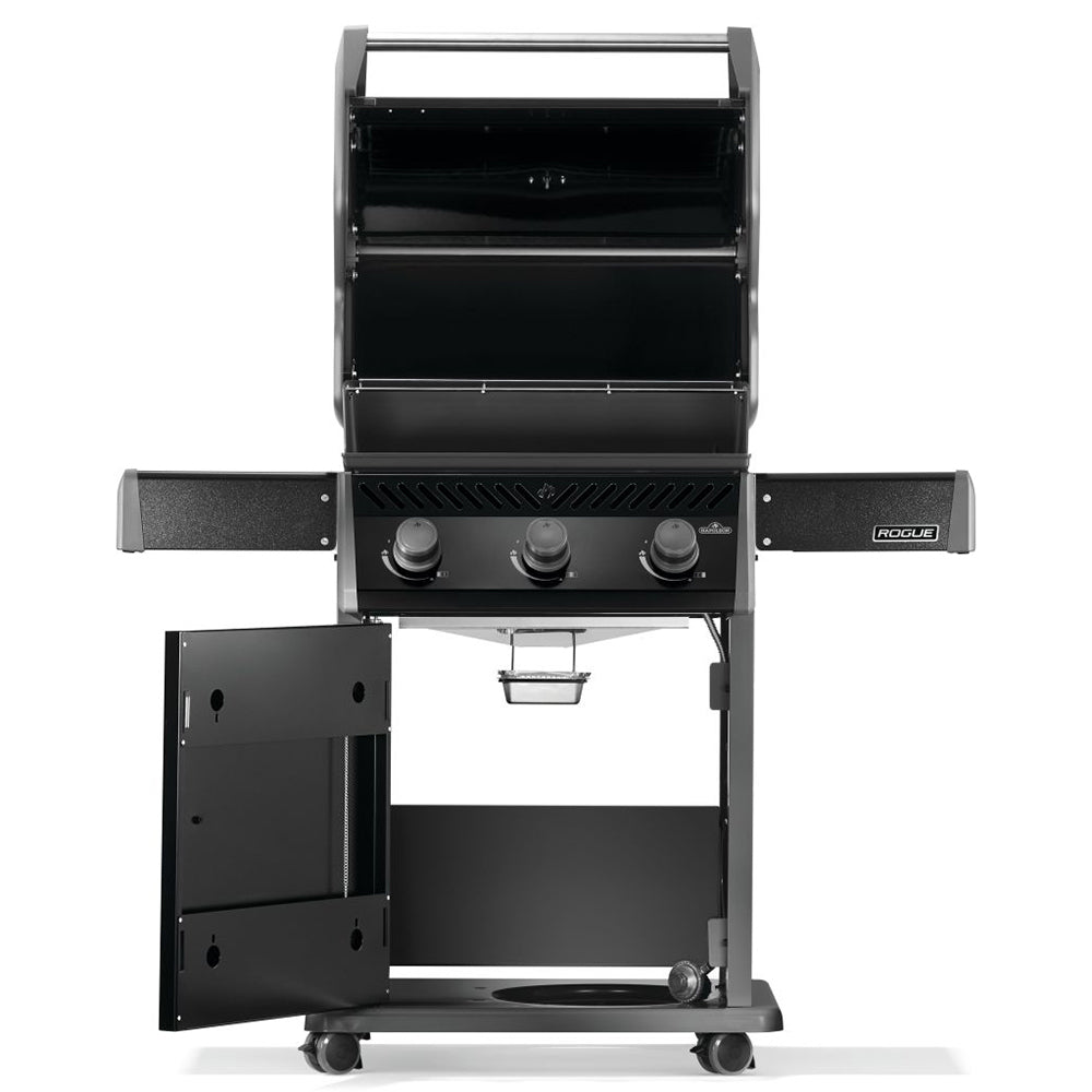 Napoleon Rogue 425 gas grill on cart with open cabinet doors and drip tray