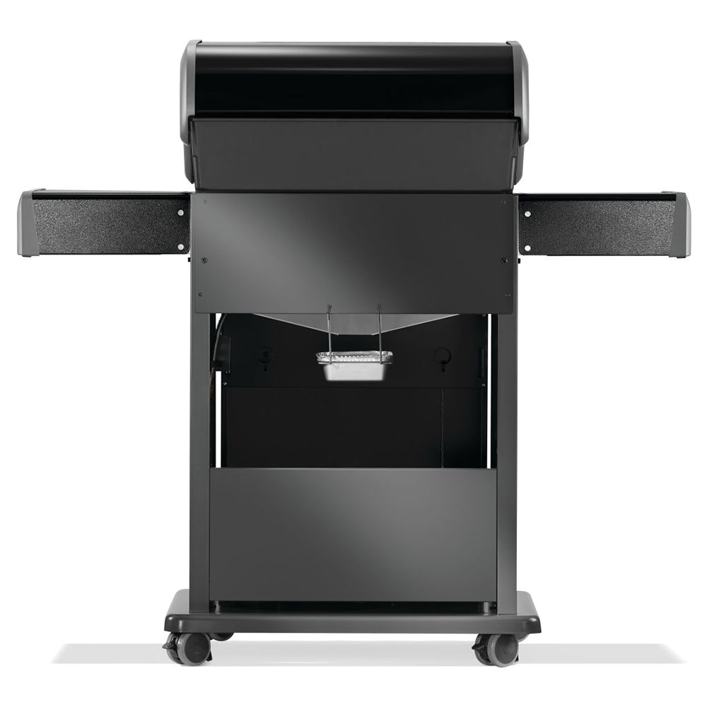 Napoleon Rogue 425 gas grill on cart in black, lid closed with drip tray hanging