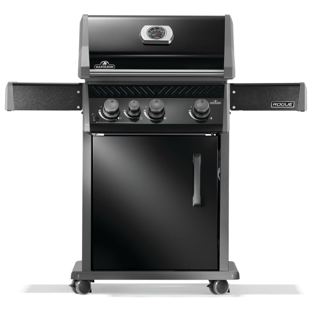 Black gas grill with lid closed, front control knobs and side shelves