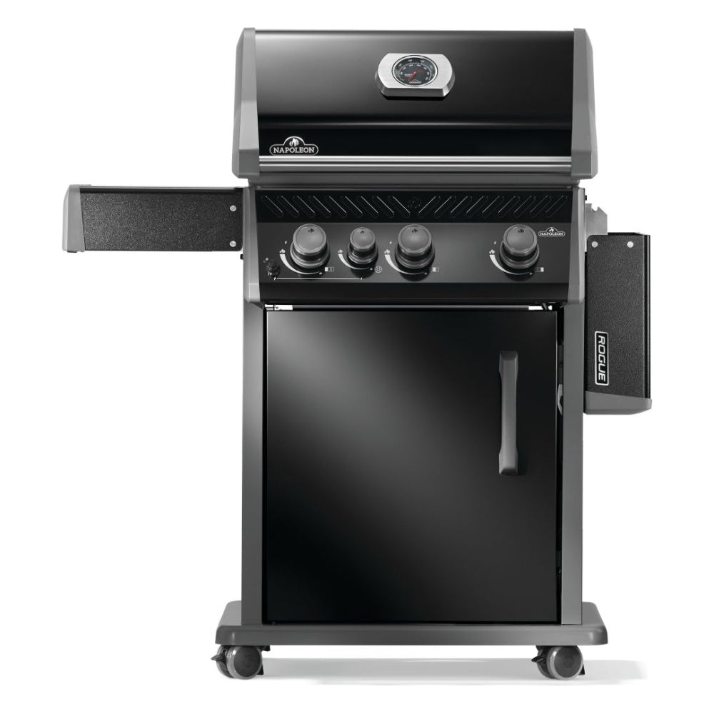 Black gas grill with lid closed, front panel and right-side control box
