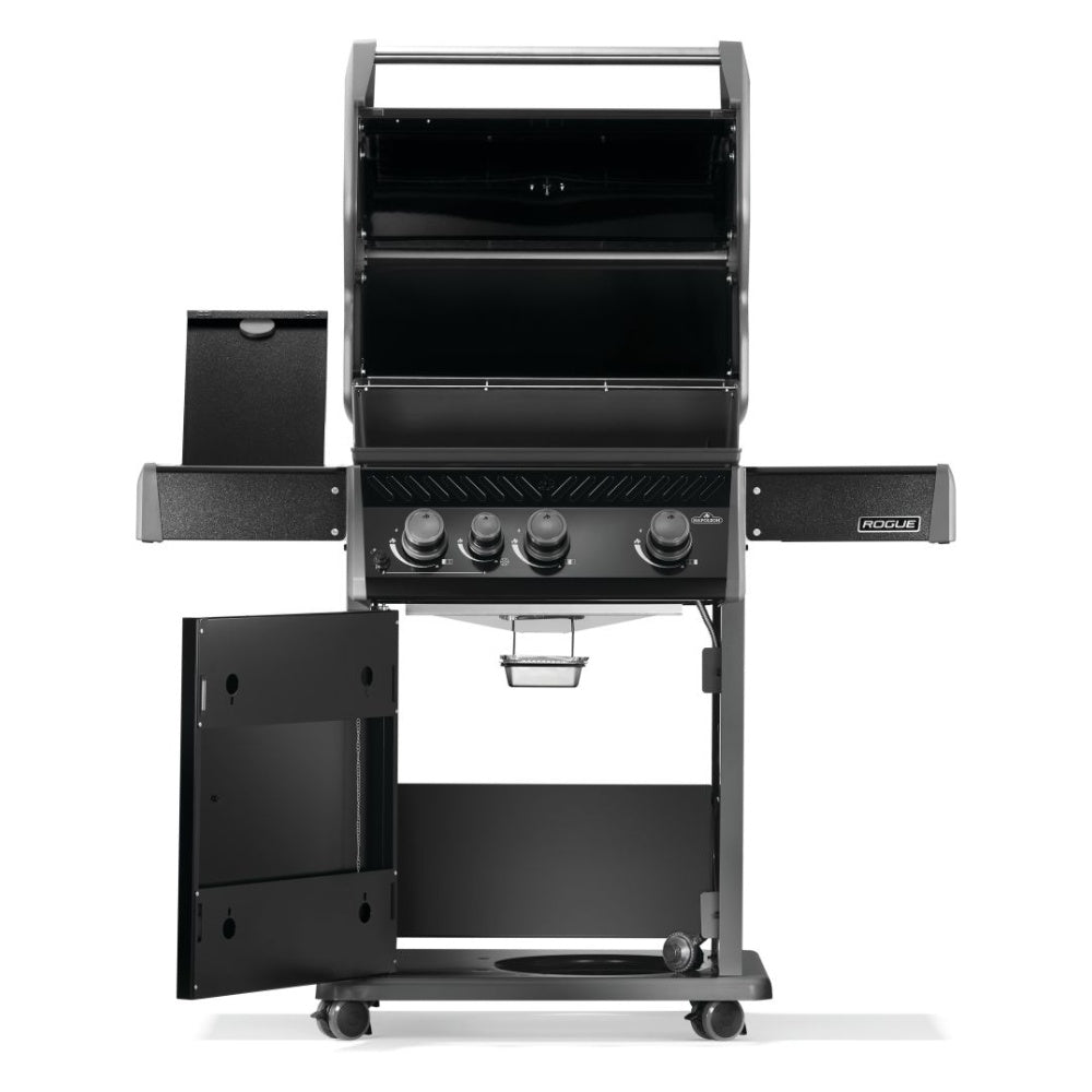 Black gas grill with lid open, cooking area and shelves accessible