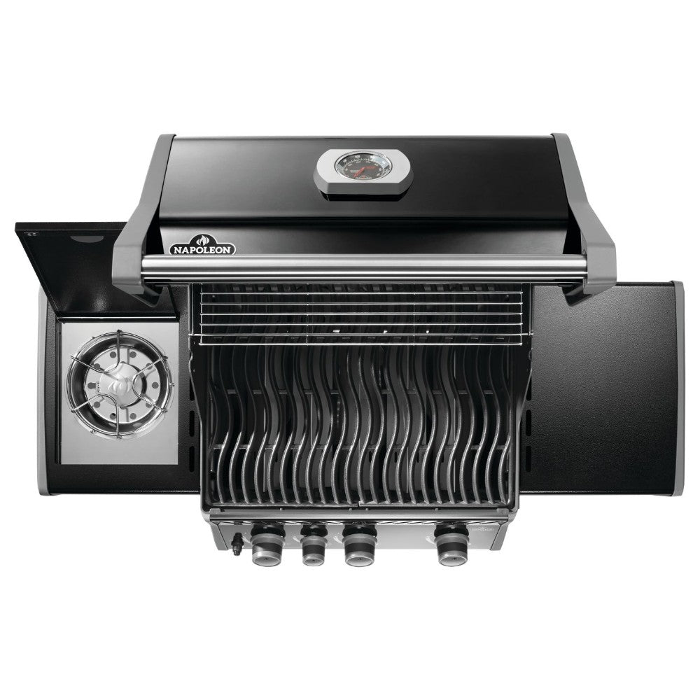 Black gas grill with lid open, stainless burner grates and control knobs