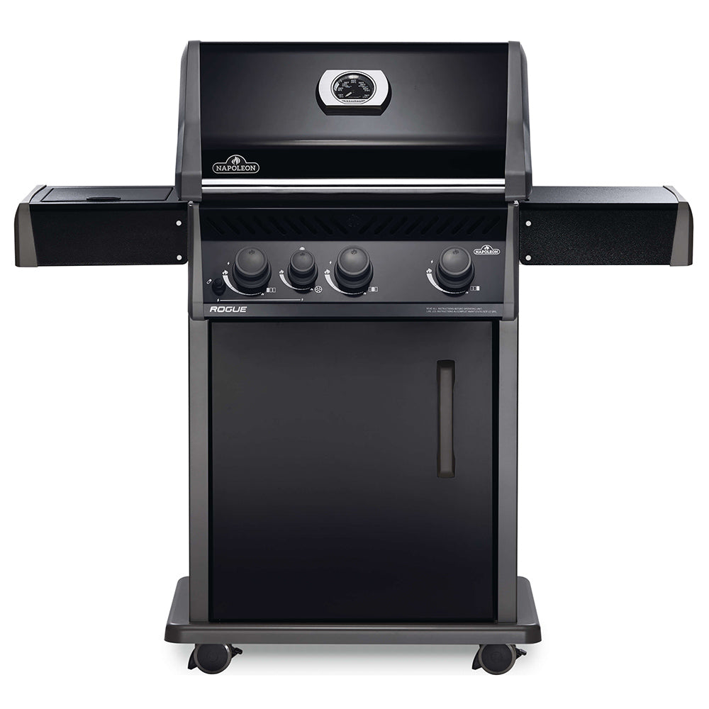 Black gas grill on cart with side shelf, control knobs, and covered lid