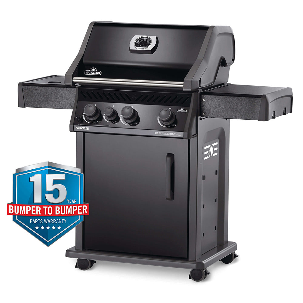Black gas grill on cart with side shelves and control panel, front door closed