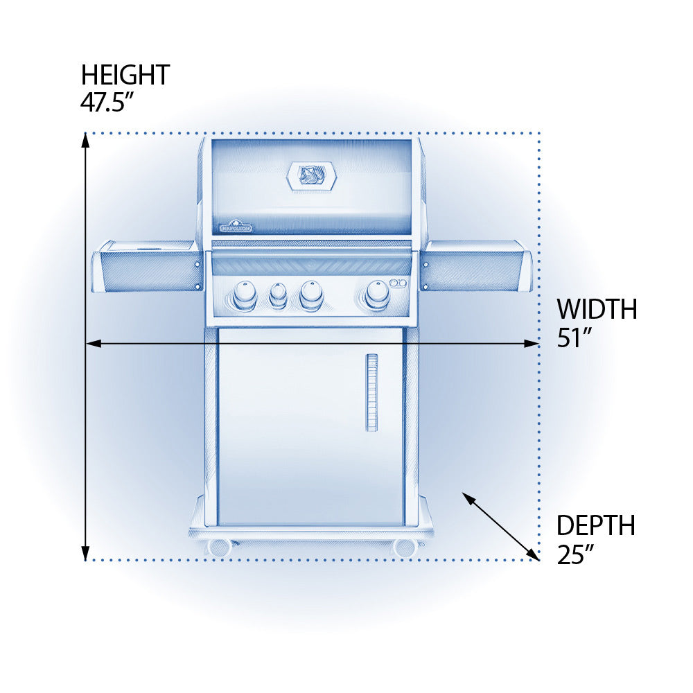 Gas grill height width and depth diagram labeled 47.5, 51, and 25 inches