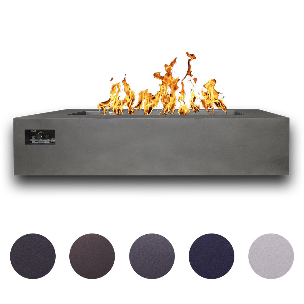 Rectangular gas fire table with flames on dark gray surface and control panel