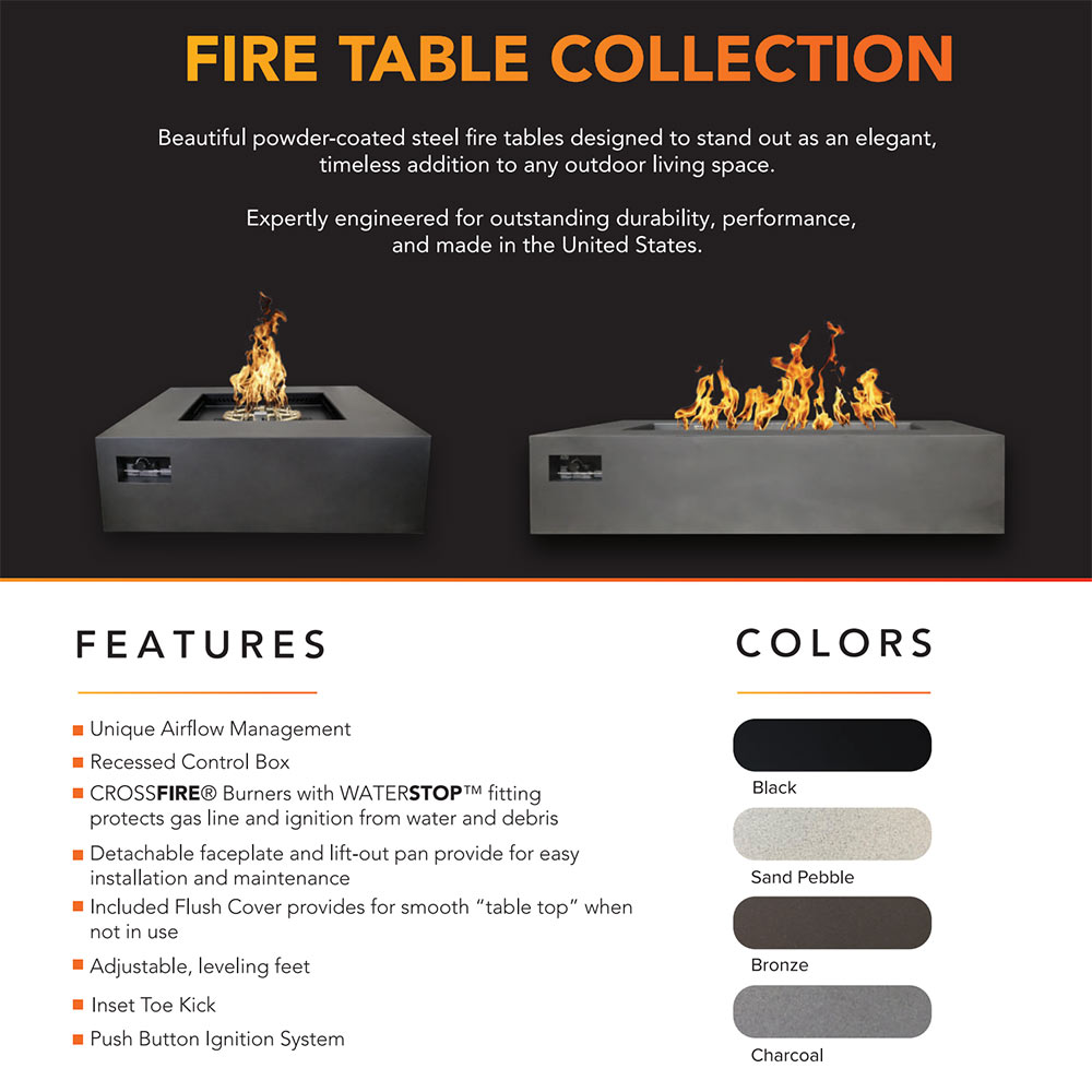 Rectangular gas fire table with flames, shown in fire table collection layout