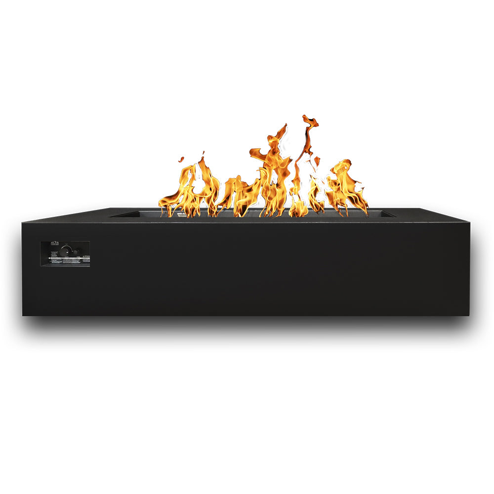 Black rectangular gas fire table with open burner and flames