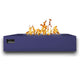 Blue rectangular gas fire table with open burner and flames