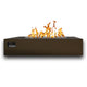 Bronze rectangular gas fire table with open burner and flames