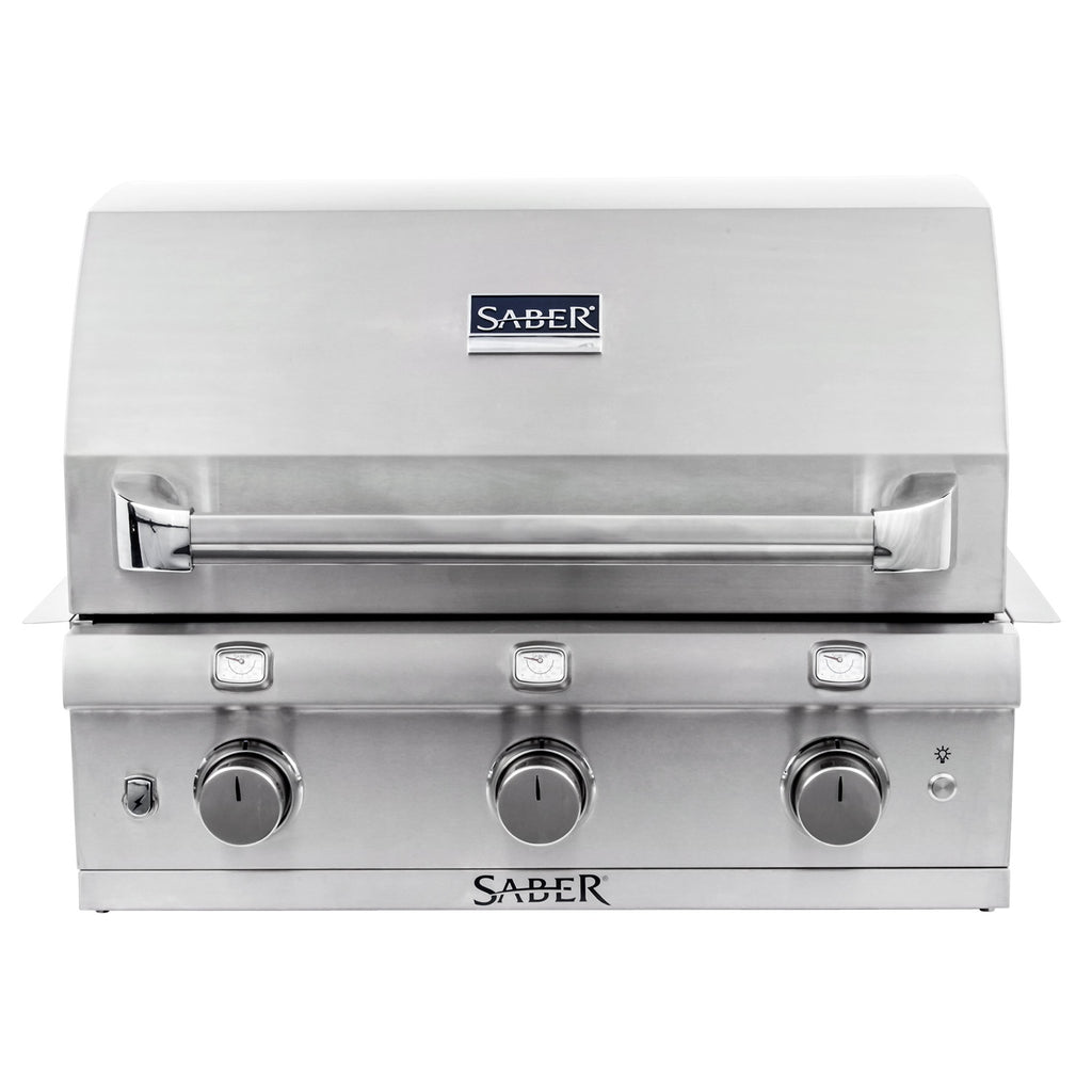 3-burner built-in gas grill with stainless steel front panel and three control knobs