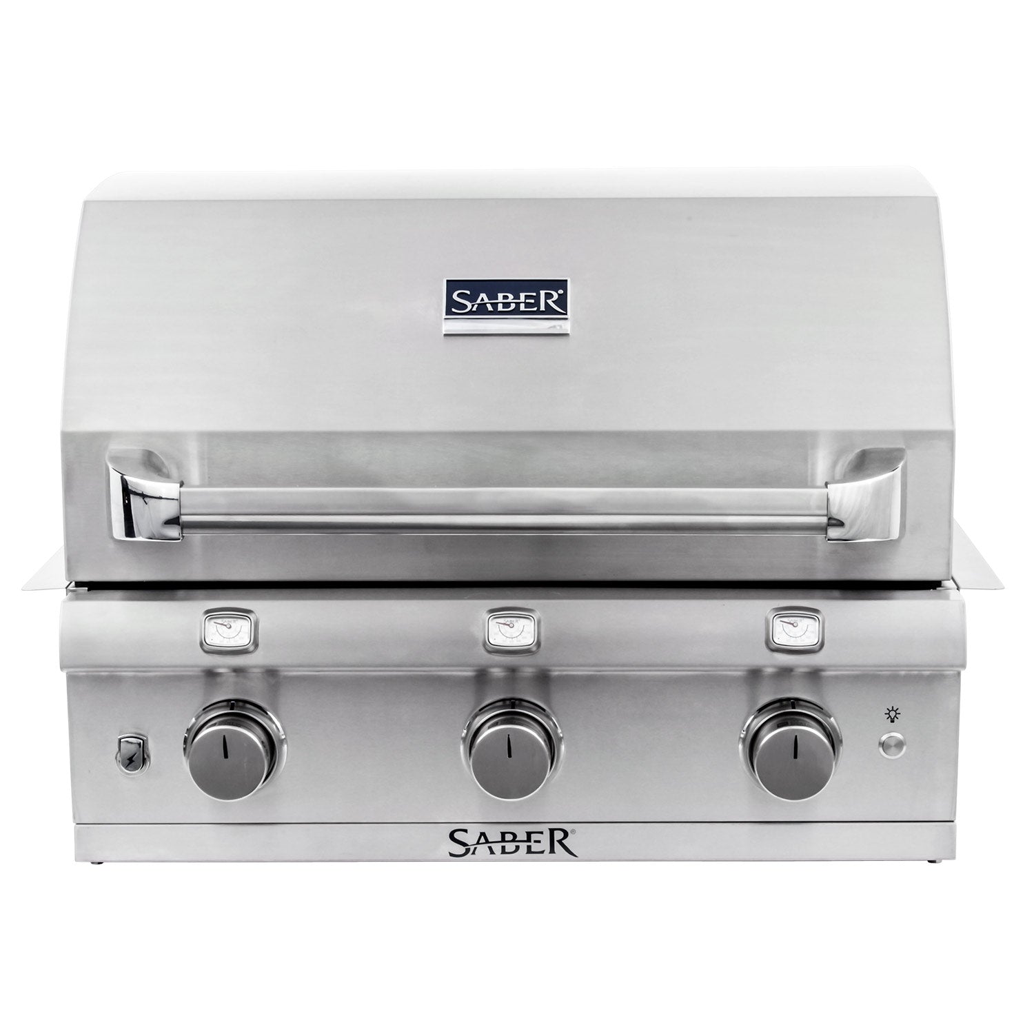 3-burner built-in gas grill with stainless steel front panel and three control knobs