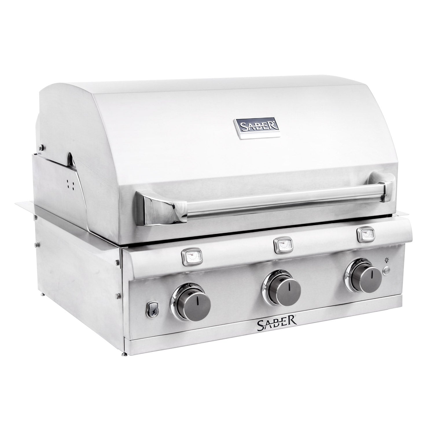 3-burner built-in gas grill in stainless steel, closed lid, side controls