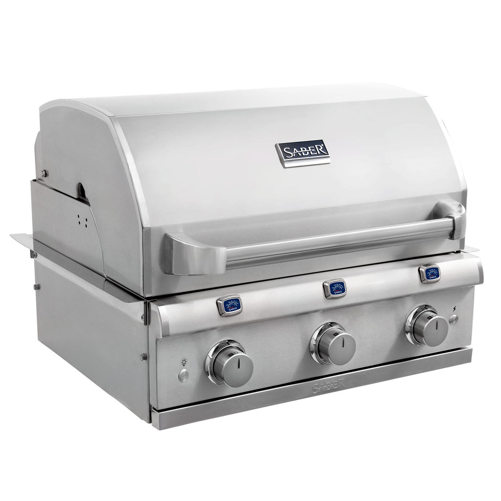 Saber 3-burner built-in infrared grill with rotisserie, stainless steel, front controls