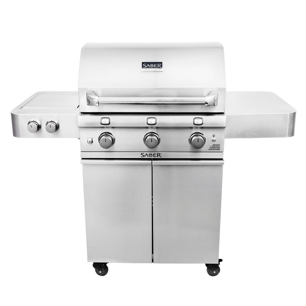 Freestanding 3-burner infrared grill with side burner, lid closed, front knobs and shelves