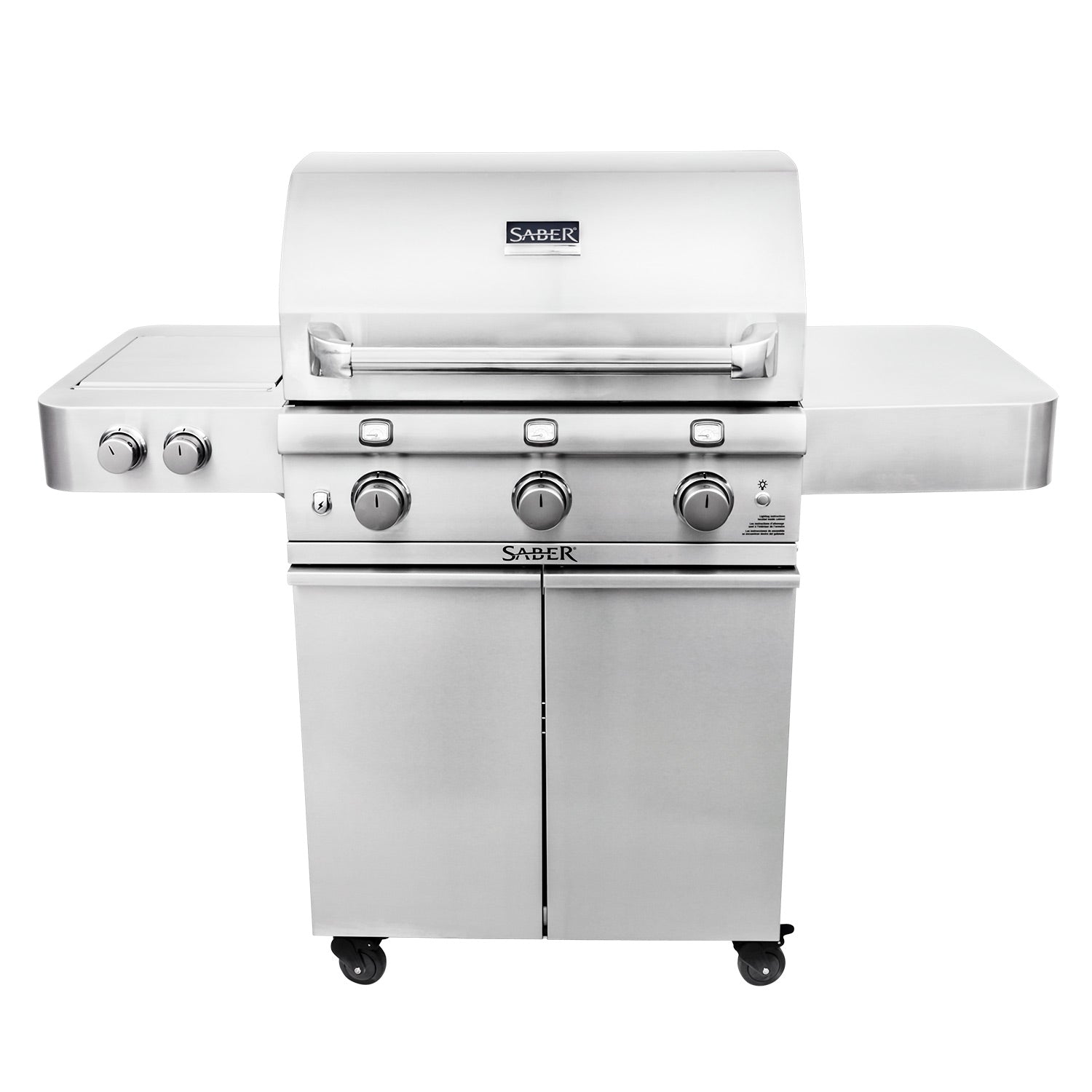 Freestanding 3-burner infrared grill with side burner, lid closed, front knobs and shelves