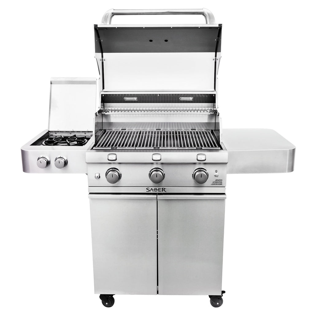 Freestanding infrared grill with side burner, lid open, grates and burner controls