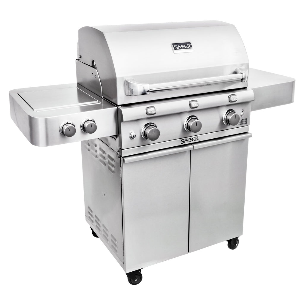 Freestanding infrared grill with side burner, lid closed, front control knobs and cabinet doors