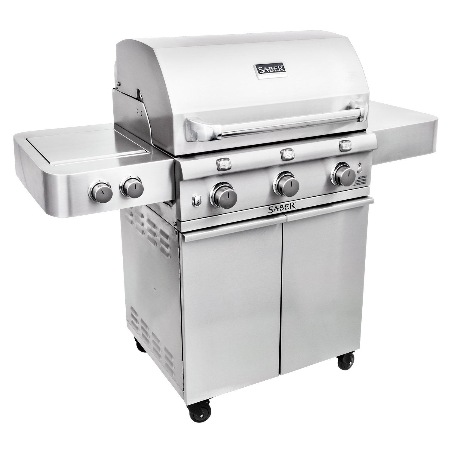 Freestanding infrared grill with side burner, lid closed, front control knobs and cabinet doors