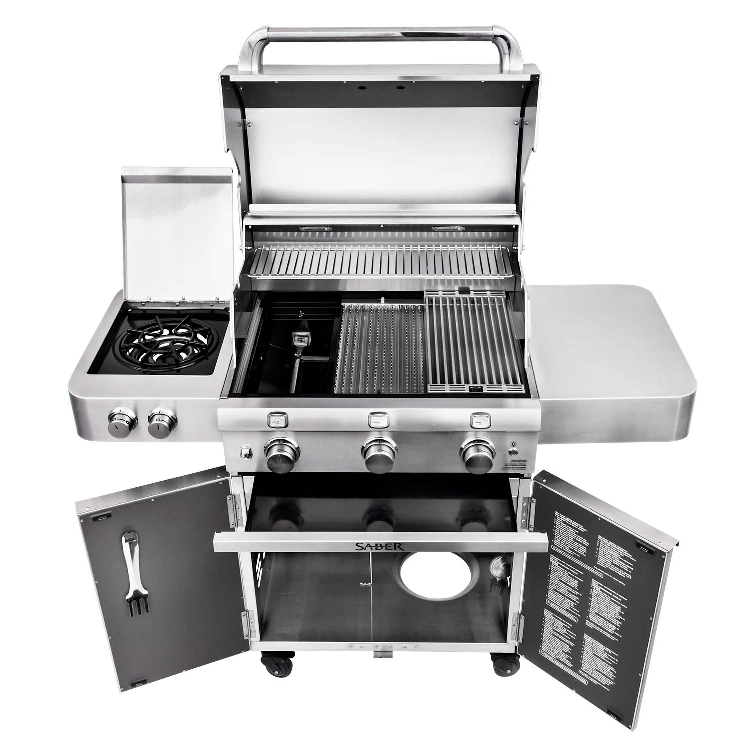 Freestanding infrared grill, lid open, side burner bay and grilling grates visible