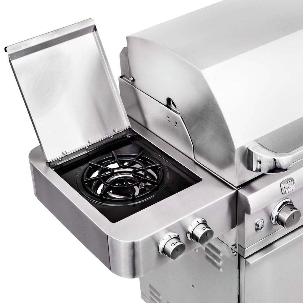 Side burner on a freestanding infrared grill, with open lid and round control knobs