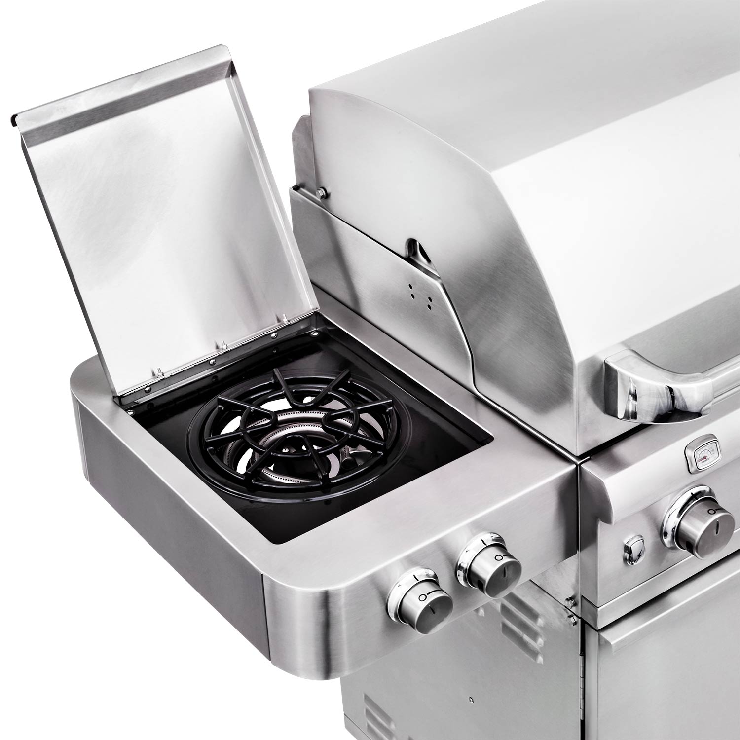 Side burner on a freestanding infrared grill, with open lid and round control knobs