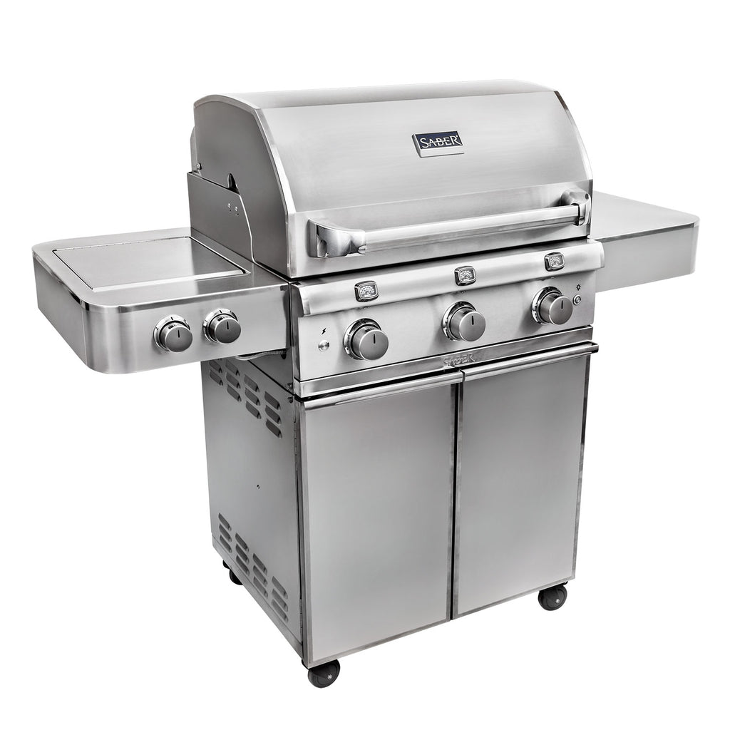 Stainless steel freestanding infrared grill with control knobs and side burner