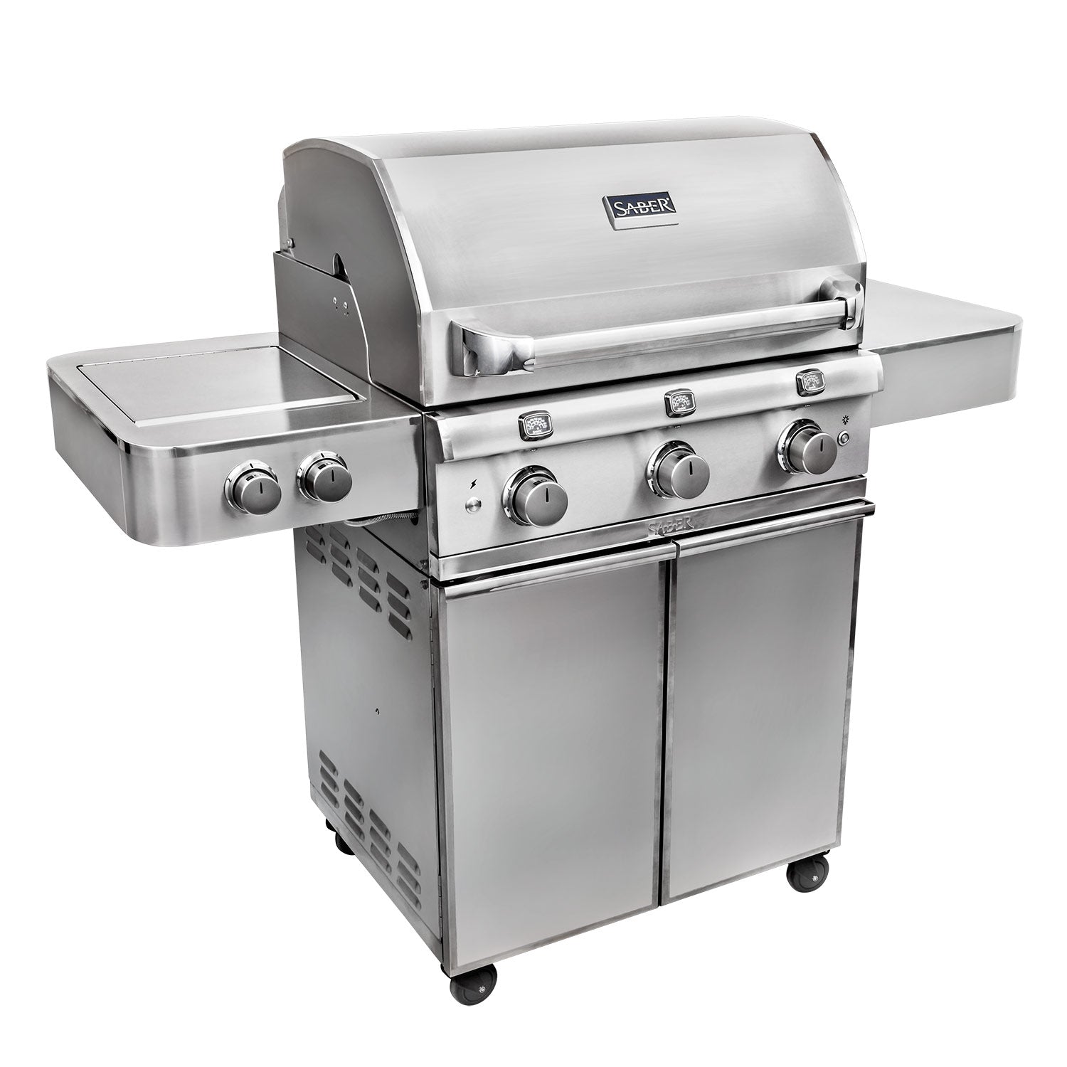 Stainless steel freestanding infrared grill with control knobs and side burner