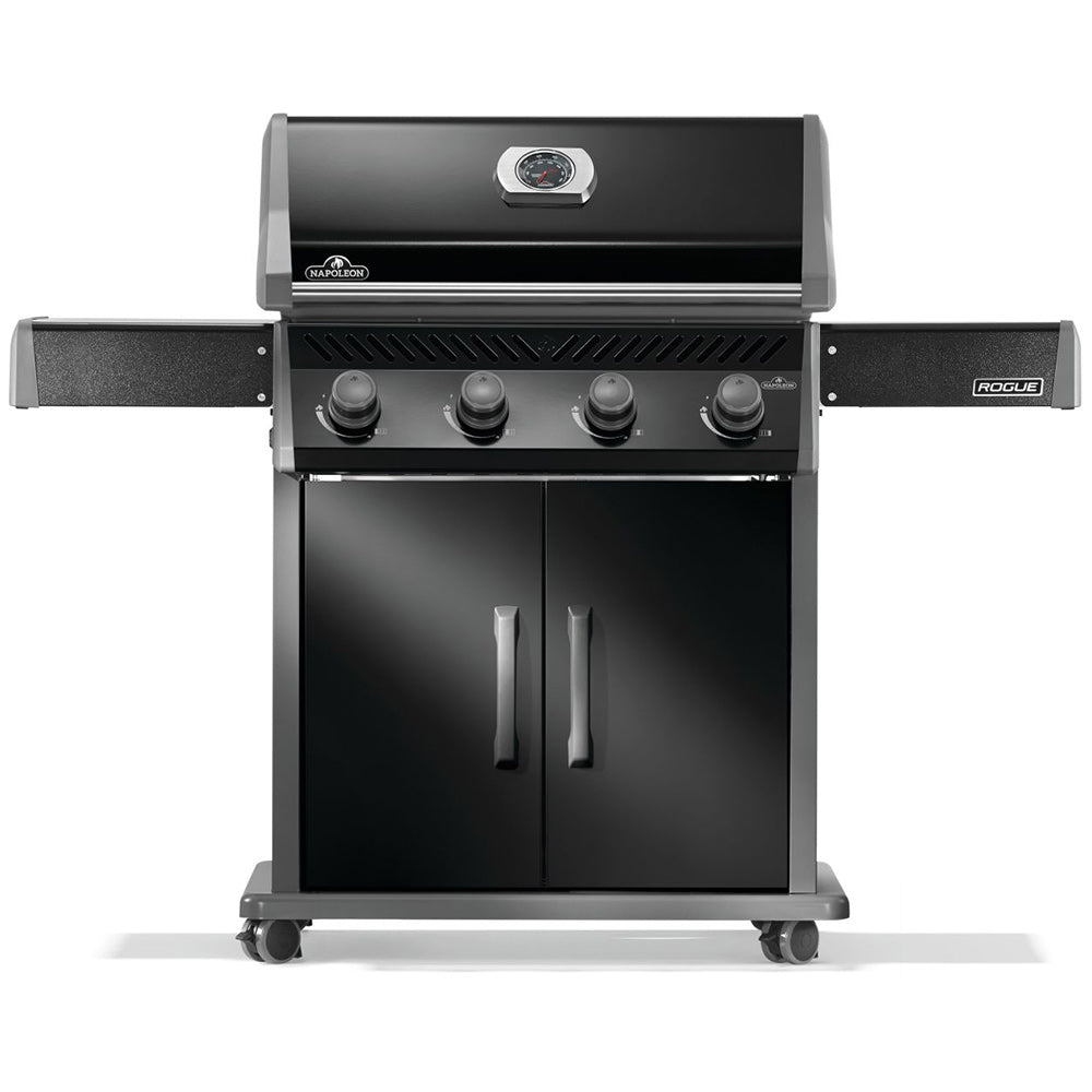 Black gas grill on cart with four front control knobs and two cabinet doors