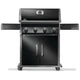 Black gas grill on cart with four front control knobs and two cabinet doors