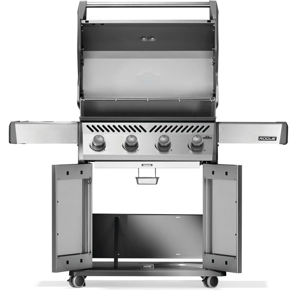 Stainless steel gas grill with open lid, visible cookbox and warming drawer center handle