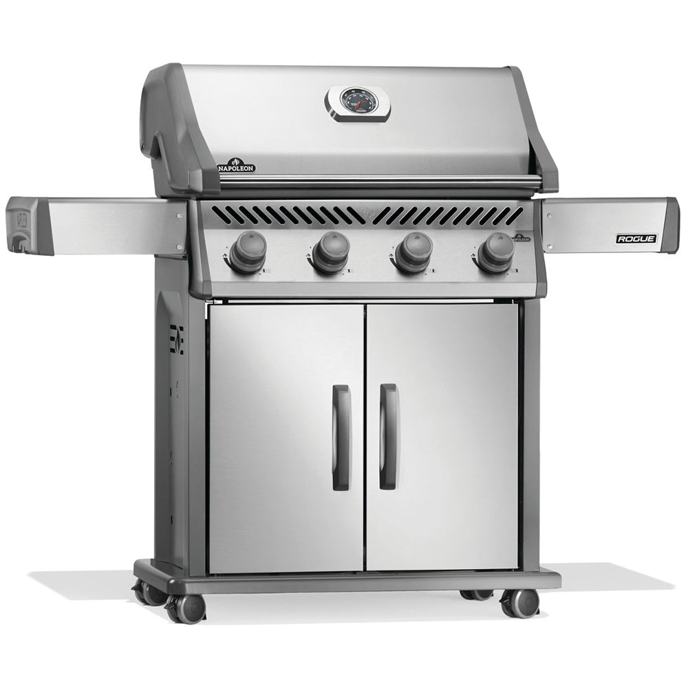 Stainless steel gas grill on cart with two cabinet doors and four front burner control knobs