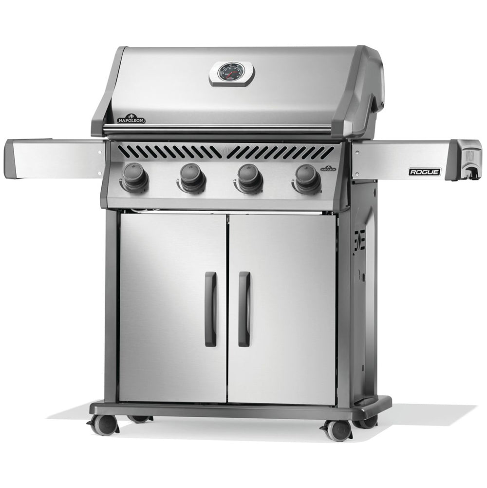 Stainless steel gas grill on cart with side shelves and four front burner control knobs