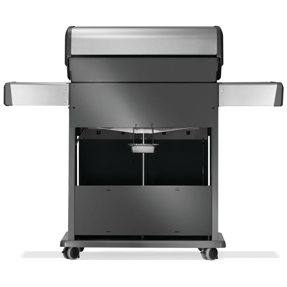 Stainless steel gas grill on cart with open cookbox and central heat shield