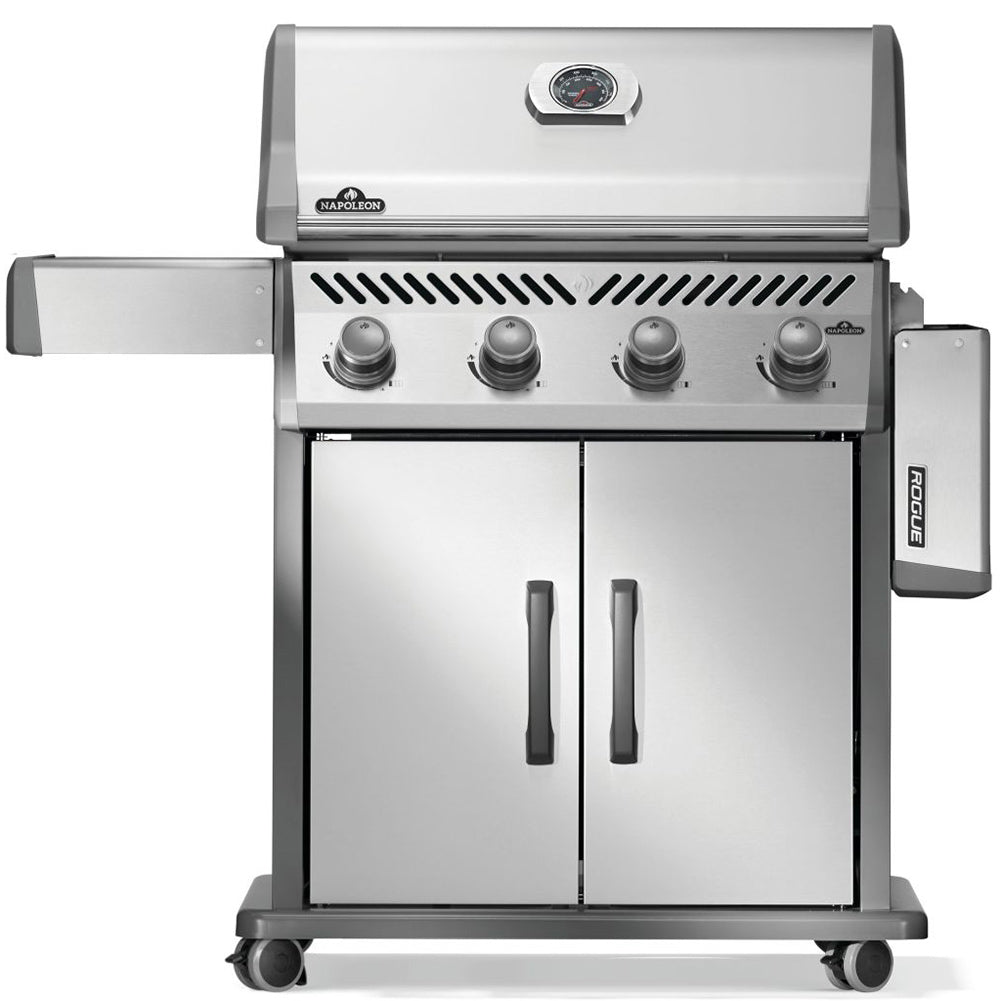 Stainless steel gas grill with side shelves and four burner control knobs on front panel