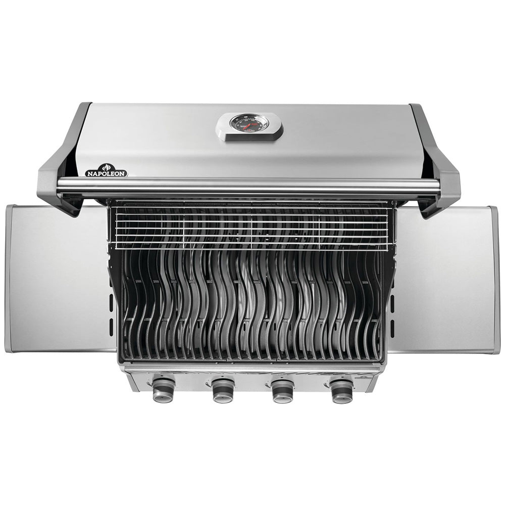 Stainless steel gas grill top view with ribbed grilling grates and four burner knobs