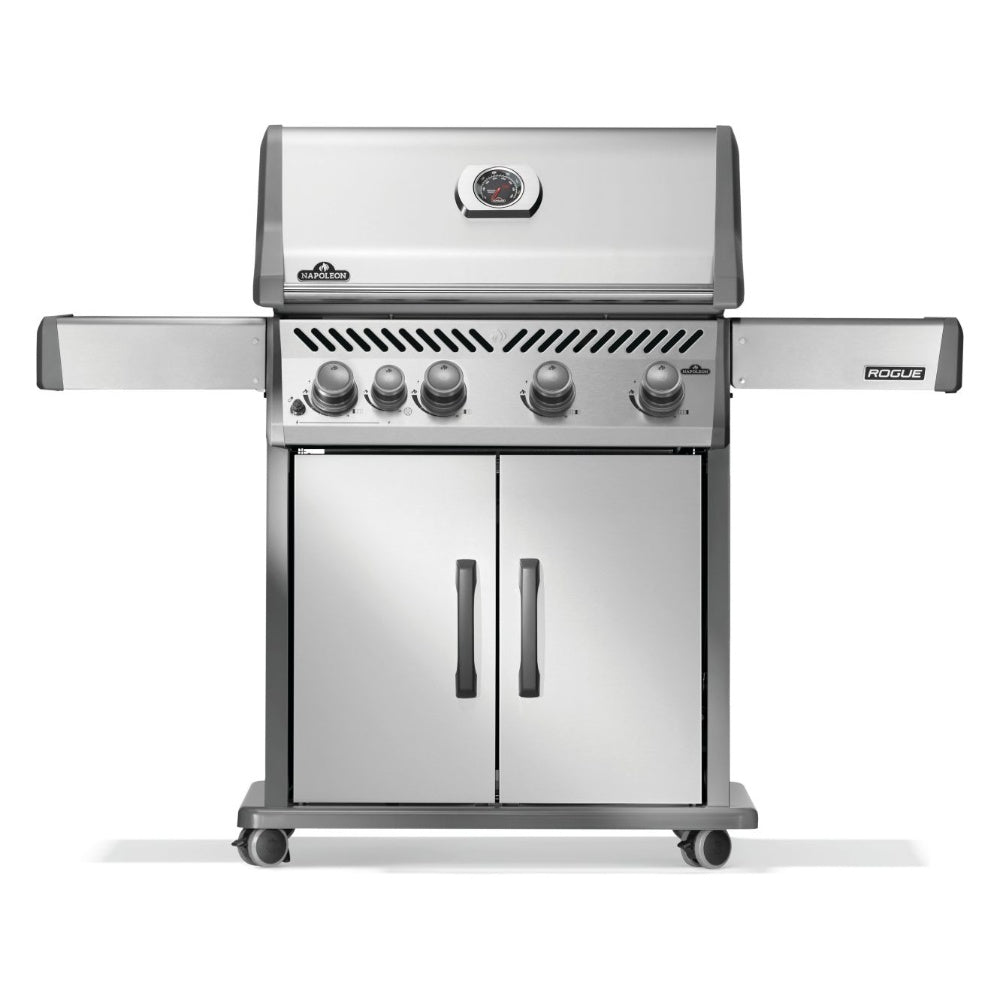 Stainless steel gas grill with closed doors, side shelf, and front control knobs