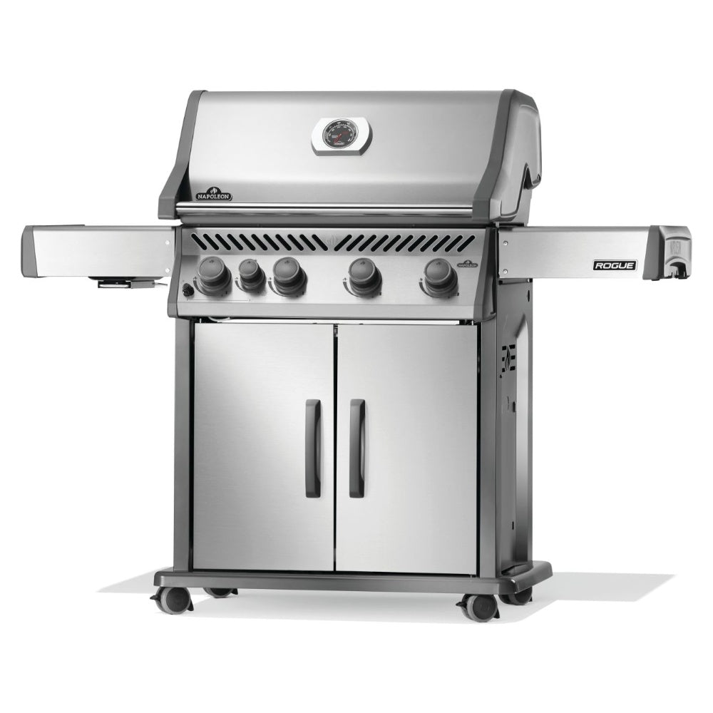 Stainless steel gas grill with side shelf, front knobs, and double cabinet doors