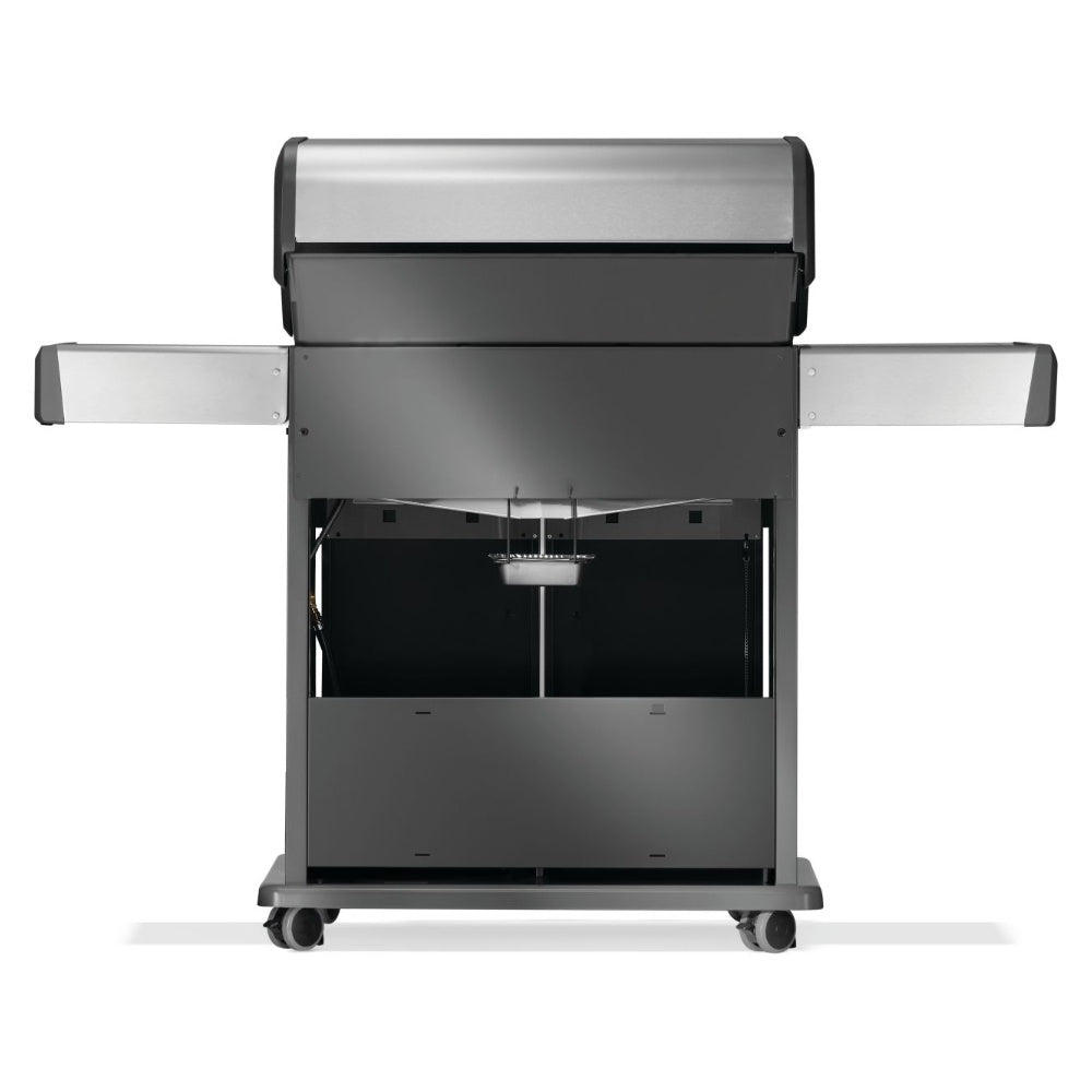 Stainless steel gas grill with open lid and visible cooking area