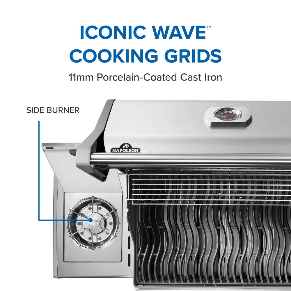 Stainless gas grill with side burner and wave cooking grates