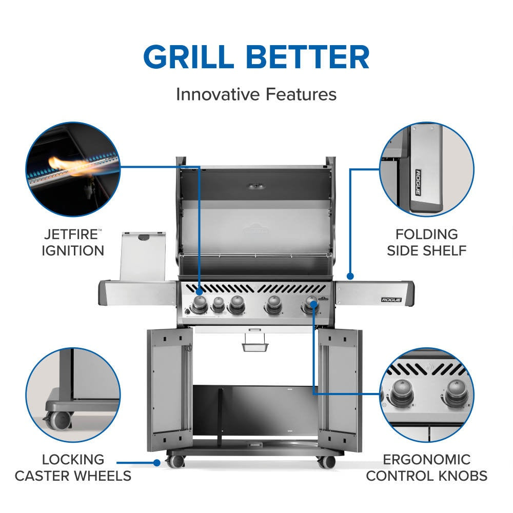 Stainless gas grill open view with control knobs, folding side shelf, and cabinet base