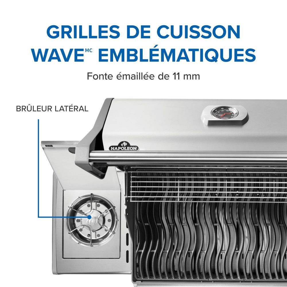 Stainless gas grill close-up showing side burner and ribbed cooking grates