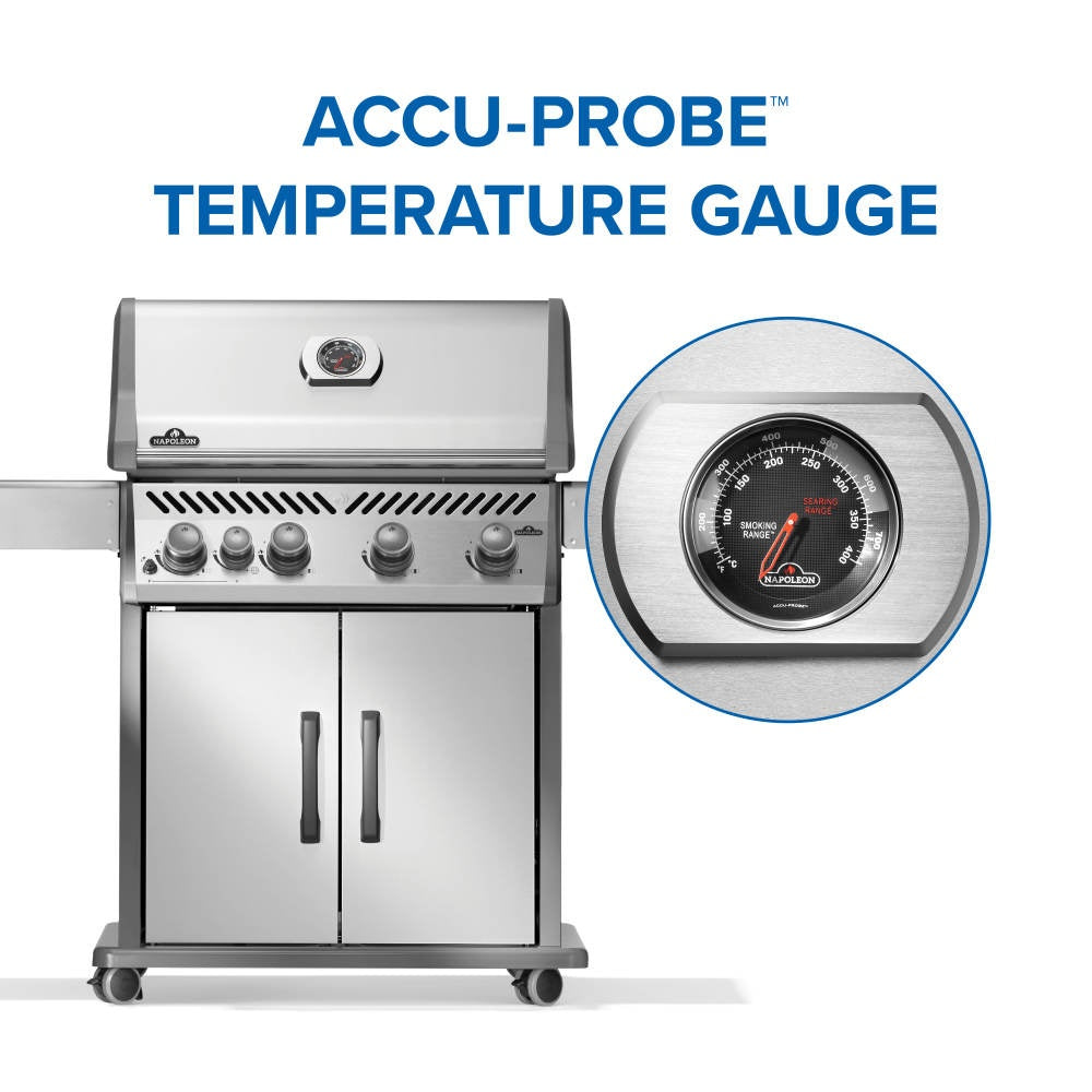 Stainless gas grill with front control knobs and mounted temperature gauge on lid