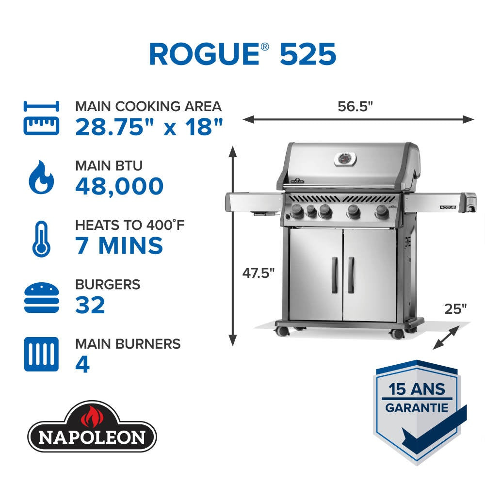 Stainless gas grill diagram with main cooking area and burner information graphic
