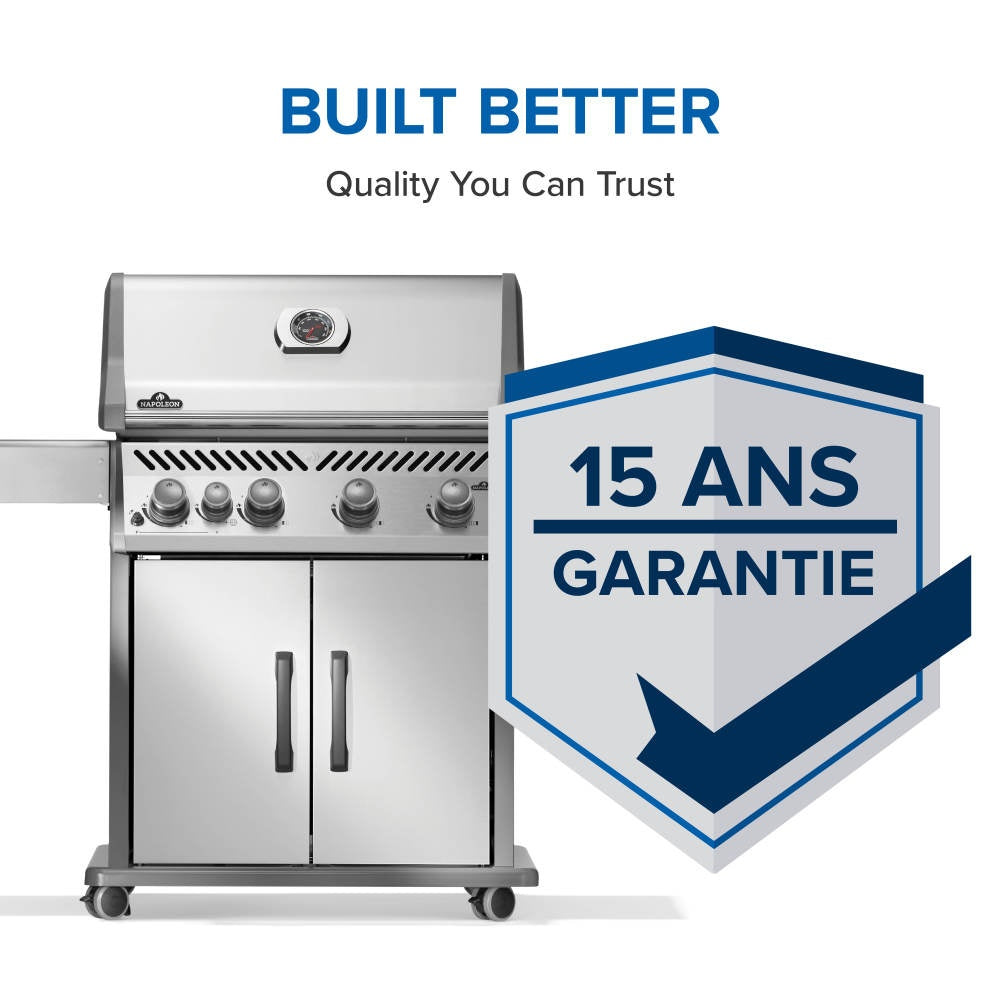 Stainless gas grill with warranty badge graphic