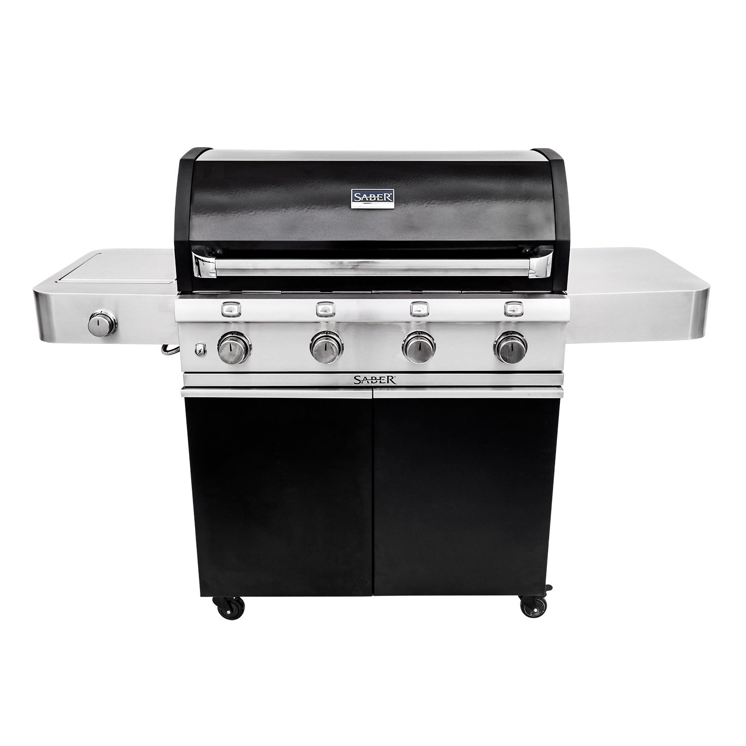 Black 4-burner infrared grill with side burner, freestanding cart, stainless top