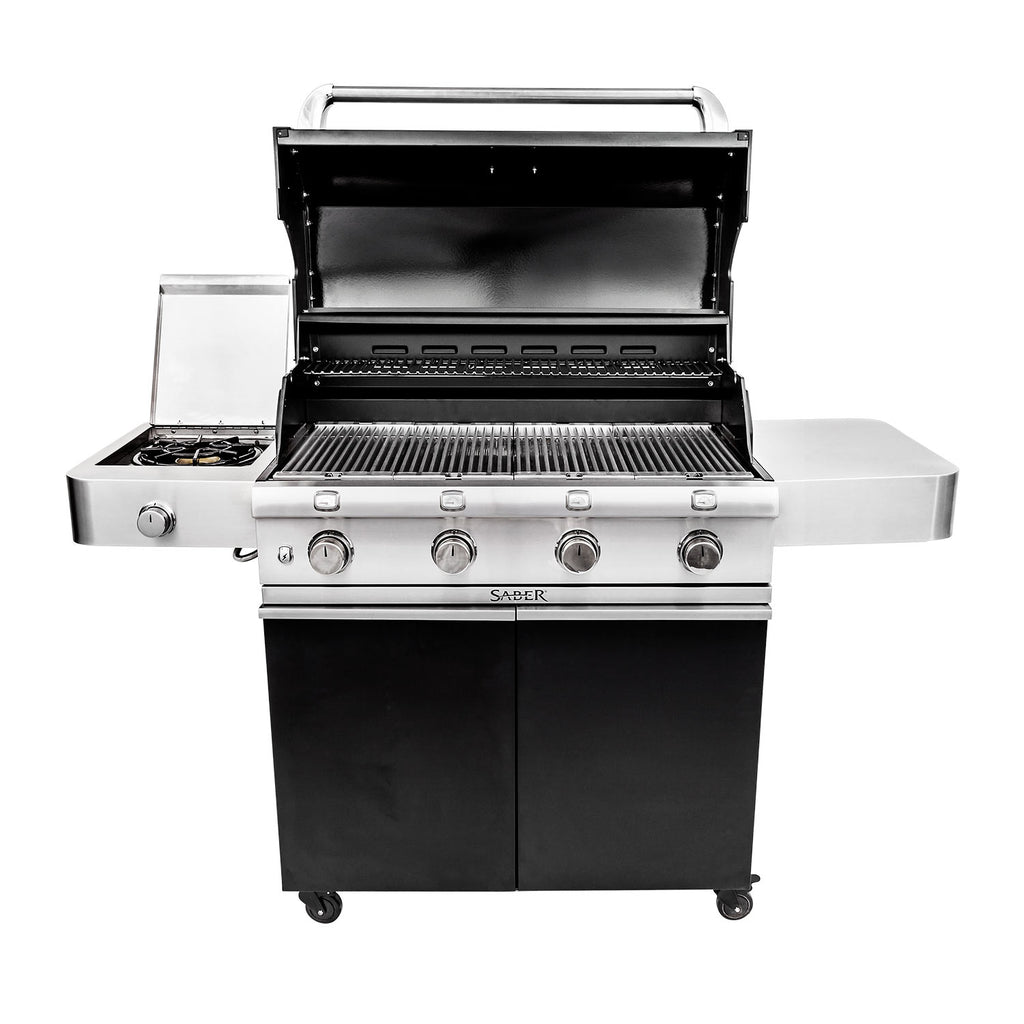 Black freestanding infrared grill, lid open with cooking grates and control knobs